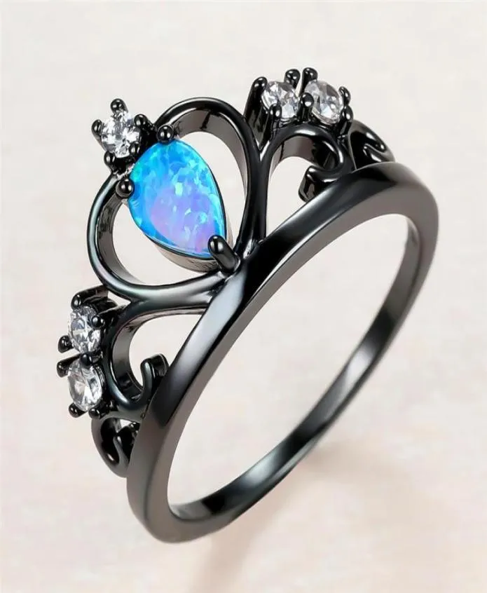 Trouwringen Vintage Vrouwelijke Blauwe Opaal Steen Ring Charme 14KT Zwart Goud Dun Voor Vrouwen Luxe Bruid Holle Kroon Engagement6806685