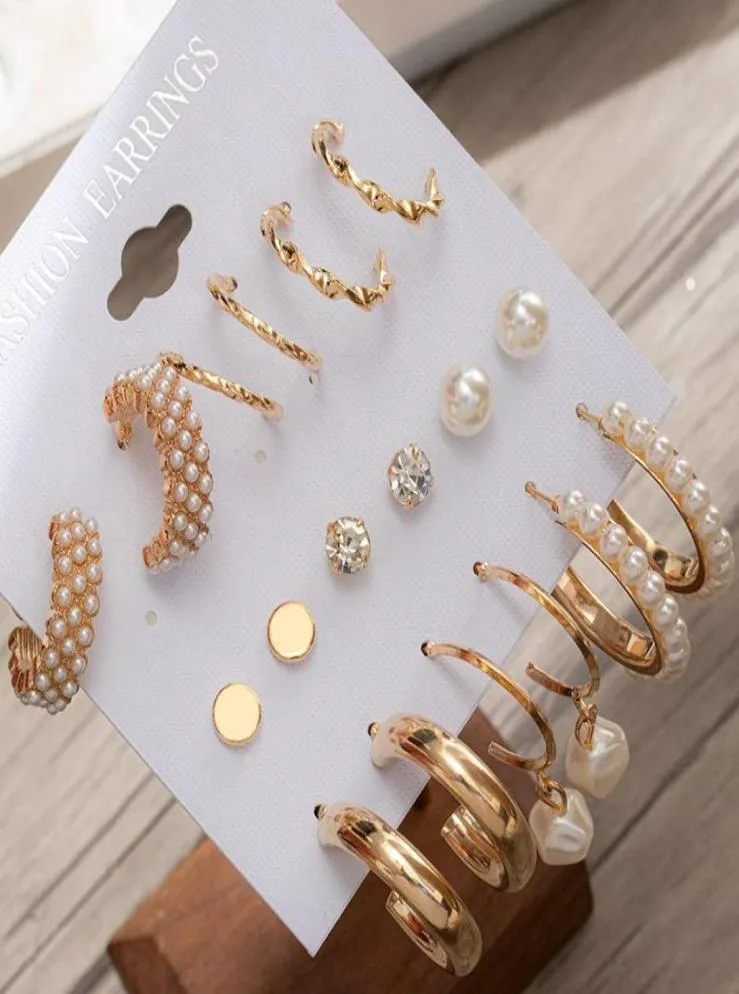 Dangle Chandelier 9pcsset Fashion Fashion Gold Gold Pearl Hoop Earrings 세트 여성 빈티지 금속 기하학적 원 드롭 2021 Trend Jewelry3716386