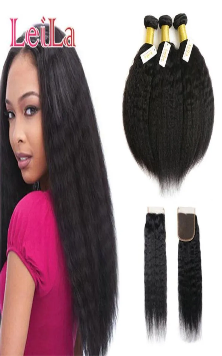 Cabelo liso malaio kinky 3 pacote com fechamento cabelo virgem 100 cabelo humano não processado italiano grosso yaki com 4x4 clos6317244