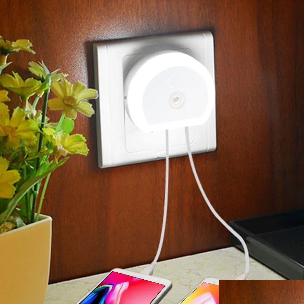 Nattljus LED Dual USB Port Motion Sensor Night Light med väggladdare Plug Dusk till Dawn Drop Leveransljus Belysning inomhus Ligh DH2R4