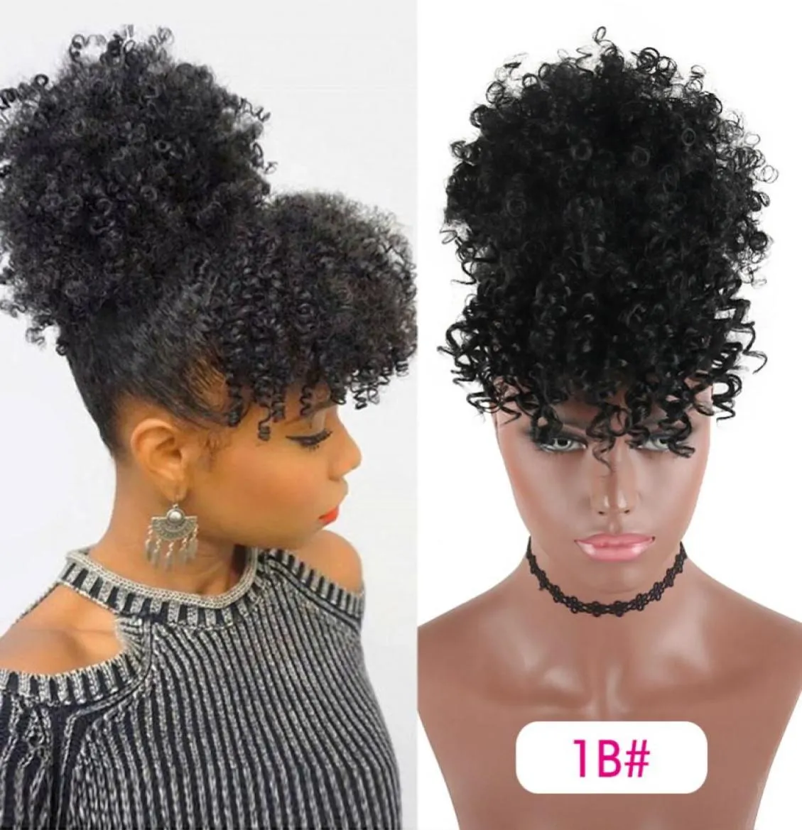 High Puff Afro Kinky Curly Synthetic Ponytail with Bangs Ponytail Hair Extension Drawstring Short Pony Tail Clip in for Wom4503617