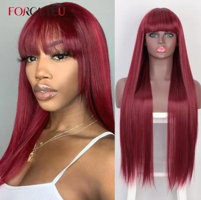Synthetic Wigs FORCUTEU Long Straight Wine Red Wig With Bangs Hair Bang For Women Heat Resistant2518414