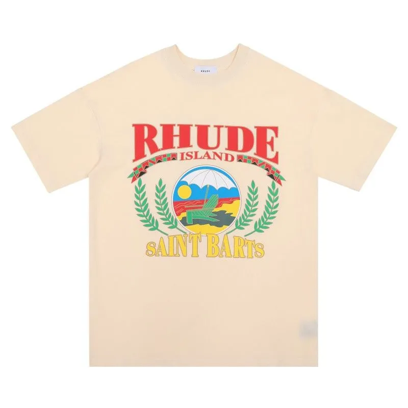 23SS RHUDEデザイナーメンズTシャツ夏ヘビーファブリックカップル女性用メンズ半袖ショーツトップクオスマンTEE USサイズS-XL AH