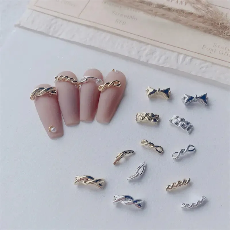 100pcs Alloy Gold Silver Braided Twist Curved Knot Rivets Studs Metal Manicure Nail Art Accessories DIY Nails Decoration Charms 240301