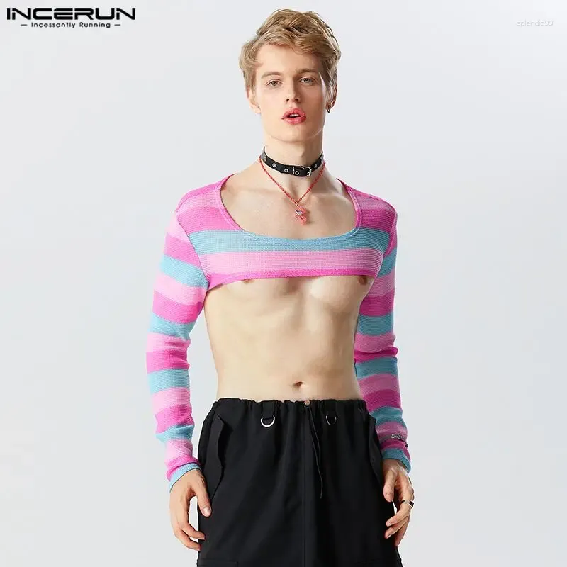 Magliette da uomo Tops in stile club how abbigliamento incerato a strisce colorate magliette in rete a strisce sexy a maniche corta cavo camiseta s-3xl