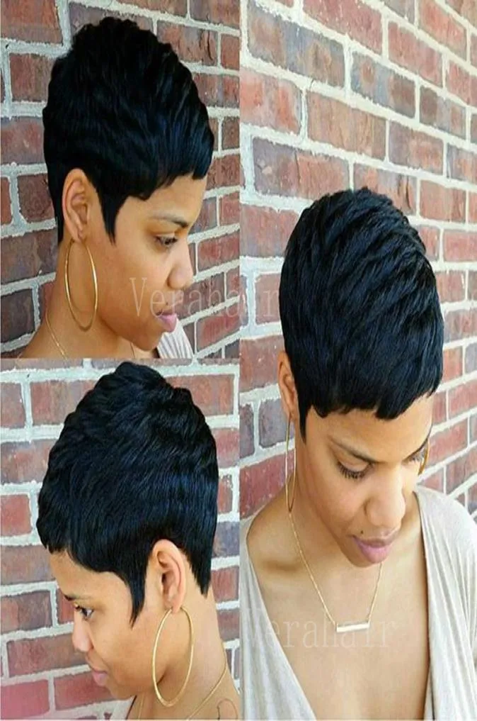 Human Short Bob Cuts Full Machine Made Hair Ingen spets peruk för svarta kvinnor Glueless peruk med Bangs Pixie Cut African American Wigs9874556