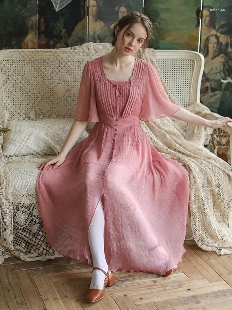 Vestidos de festa mulheres vestido primavera verão mori meninas doce elegante magro bordado retro órgão plissado longo chiffon rosa maxi