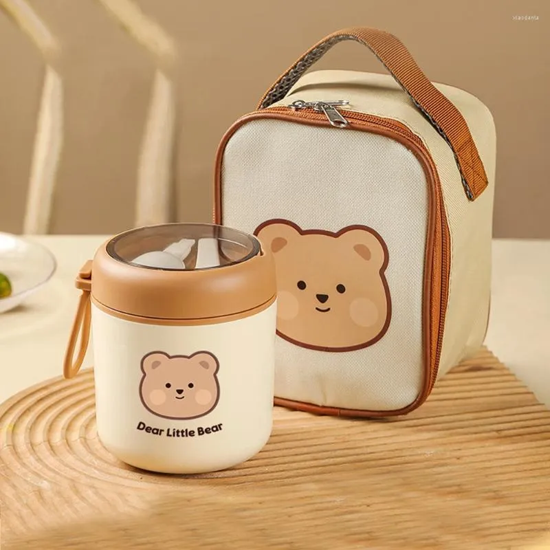 Dinnerware Stainless Steel Soup Cup With Foldable Spoon Handle Cute Bear Leakproof Container Kitchen Tableware For Office Outdoors