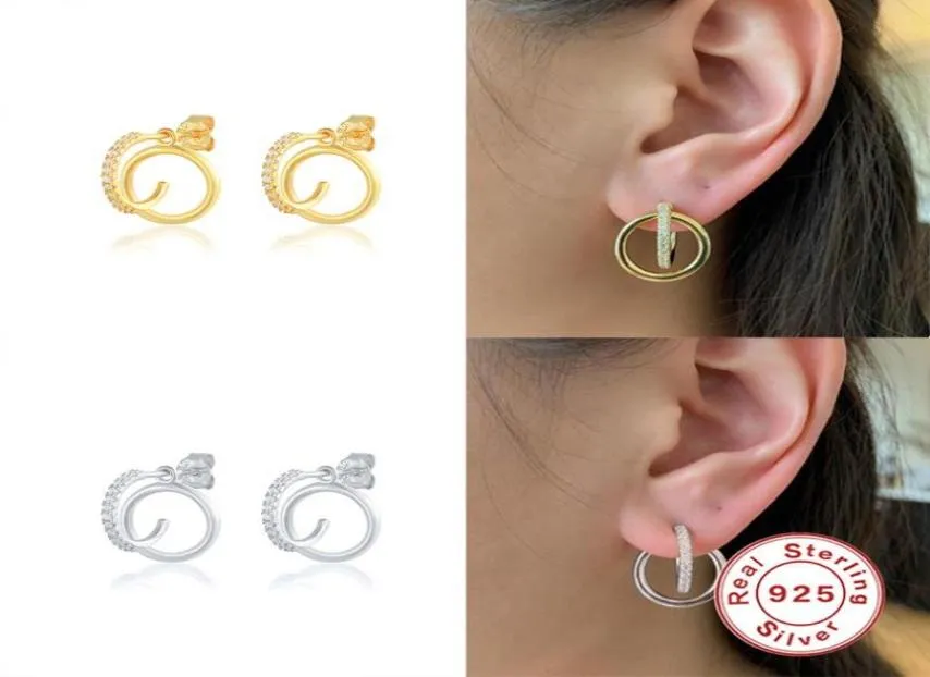 Stud Aide 925 Sterling Silver Clear Crystal C Formörhängen för kvinnor Girls Two Circle Loop Earring Pendientes Fine Jewelstud5385520