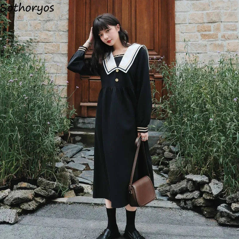 Dress Women Long Sleeve Dress Elegant Sailor Collar Button MidCalf Japanese Style ALine Fashion Students Ulzzang Womens Chic Retro