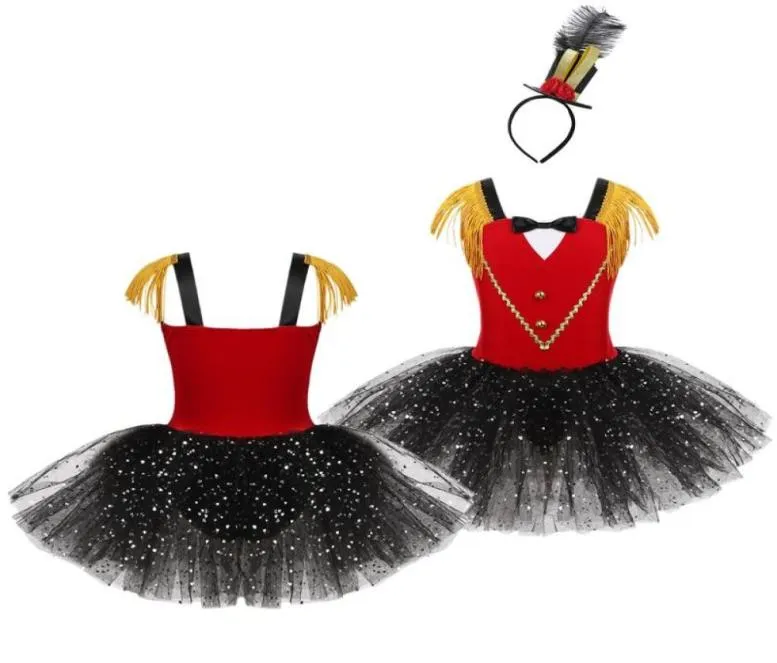 Girl039s vestidos crianças meninas halloween circo ringmaster traje dancewear sem mangas borla gravata borboleta querida folha lantejoulas malha 7079675