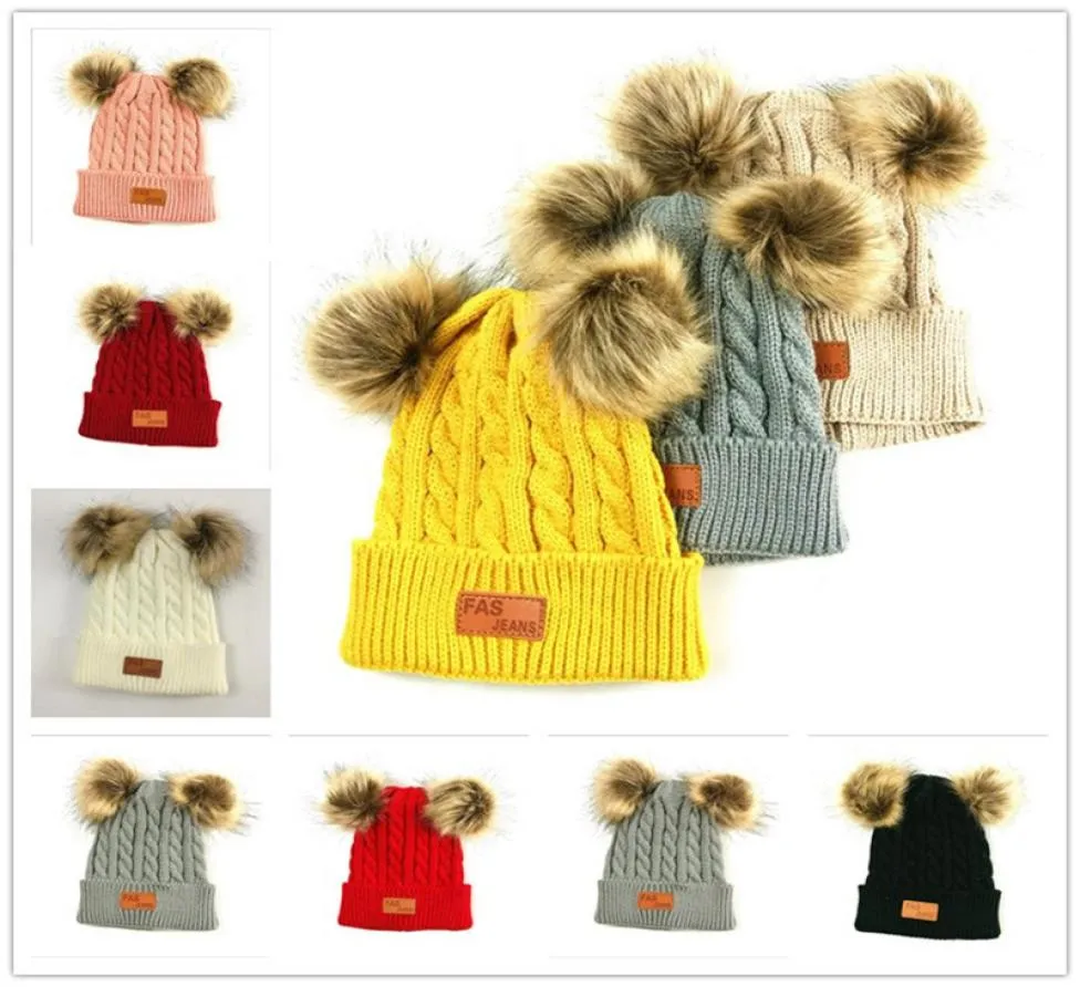 Winter Mützen Kinder Säugling Neugeborene Baby Stricken Hut Schädel Kappen Tuque Mit Zwei Doppel Pom Pelz Ball Beanie Jungen Mädchen häkeln Hüte9958285