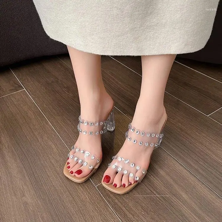 Dress Shoes 2024 Female Ankle Strap Sandals Plexiglass High Heels Fashion Sexy Transparent Crystal Simple Classic Set Square Heel