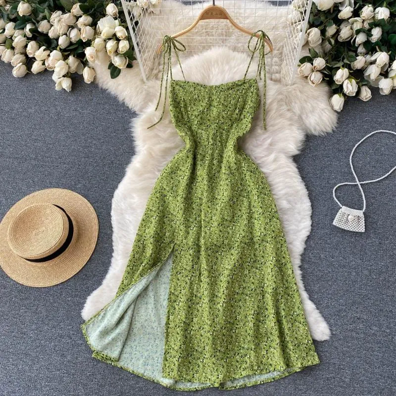 Casual Dresses Summer Chic Beach Dress Women Bandage Square Neck Floral Printed Ladies Elegant Slim Green Long Robe Vestidos