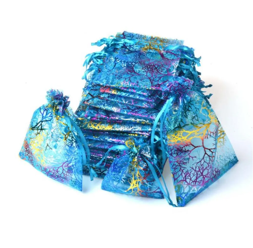 Pochettes d'emballage de bijoux avec cordon de serrage en organza corallin bleu, sacs cadeaux de fête de bonbons de mariage, design transparent avec motif de dorure 3520403
