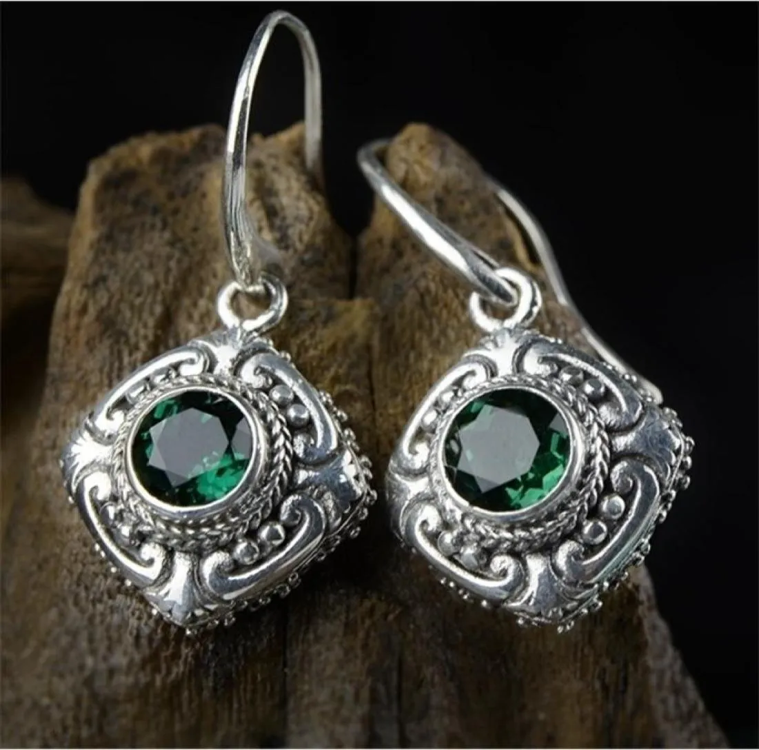 Stud Silver Earrings Baroque antique Thai silver green crystal earrings stone carving hollowed jewelry accessories 2210223441367