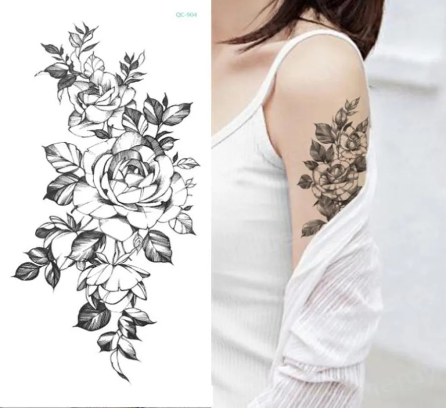 Adesivo tatuaggio temporaneo Fiore Peonia Rosa Schizzi Disegni di tatuaggi Ragazze sexy Modello Tatuaggi Braccio Gamba Adesivi all'henné nero Donne SH12567743