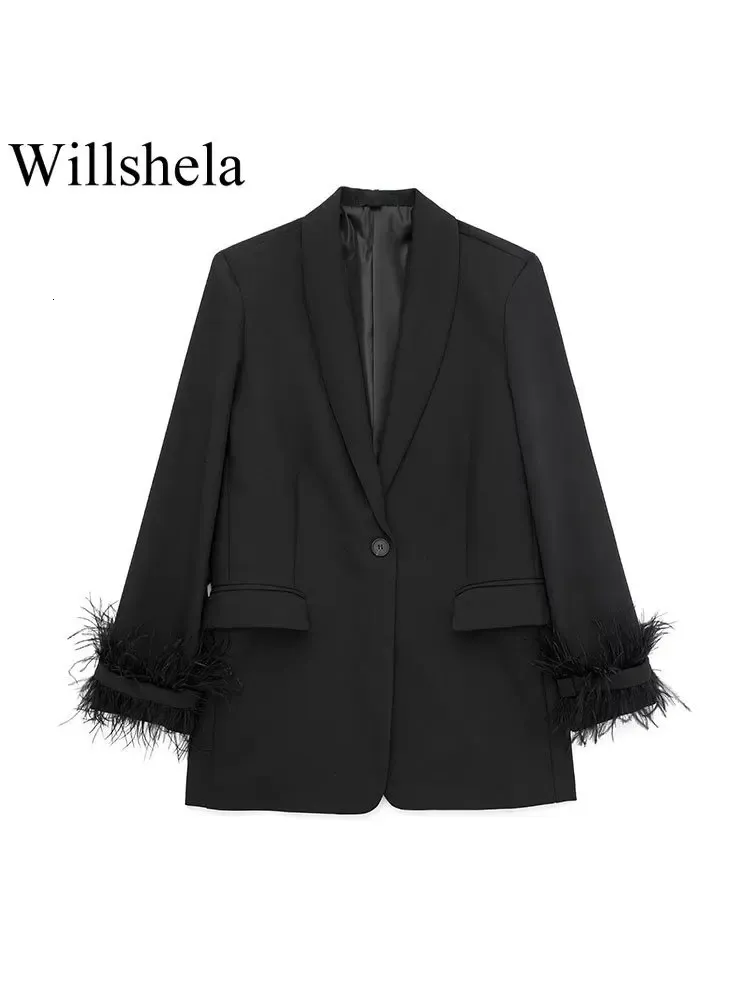 Willshela Damesmode Satijn Zwart Met Veren Blazer Jas Vintage Notched Hals Enkele Knop Lange Mouwen Vrouwelijke Outfits 240226