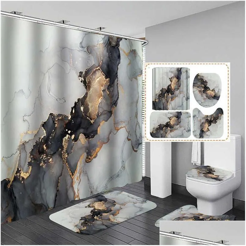 Cortinas de chuveiro 3D Impressão Elegante Pintura a óleo Cortina de chuveiro Cortinas à prova d'água no banheiro com conjunto de gancho Tapete de banho macio Banheiro Ca Dhcp9