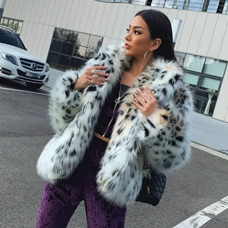 Päls lyxig faux mink päls leopard tryckt kappa kvinnlig vänd ned krage plysch imitation räv päls bomber jacka fläckiga kofta toppar