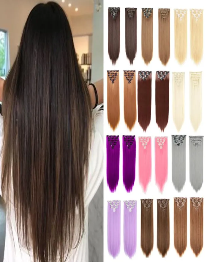 22 inch medium lengte steil haar clip-in haarverlenging synthetisch vals haar geheel 7-delige set7311417