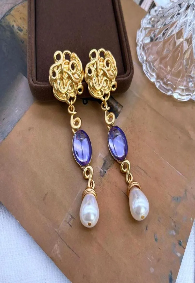 Stud Earrings Long Elegant Pendant Purple Teardrop Pearls Statement Luxury Party Jewelry Modern Accessories6223130