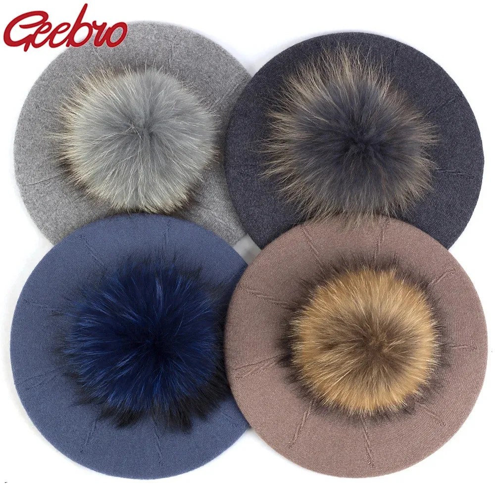 Geebro – bérets d'hiver pour femmes, avec chapeau à pompon véritable de 15 cm, bonnet tricoté épais pour femmes, bonnets Skullies amples, 240226
