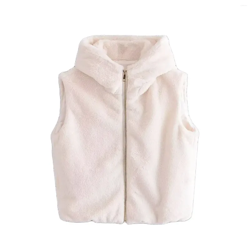 Women's Vests Women Fashion Beige Front Zipper Vest Waistcoat Vintage Hooded Neck Sleeveless Female Chic Lady Winter Tank Tops