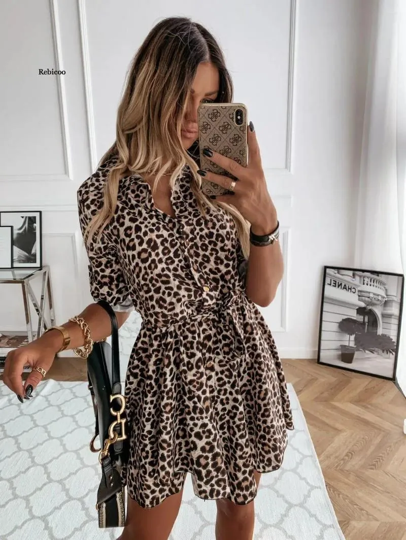 Women's Swimwear Fashion Women Cover Up Animal Printed Shirts Dress Tie Waist Roll Sleeve Buttons Down Pleated