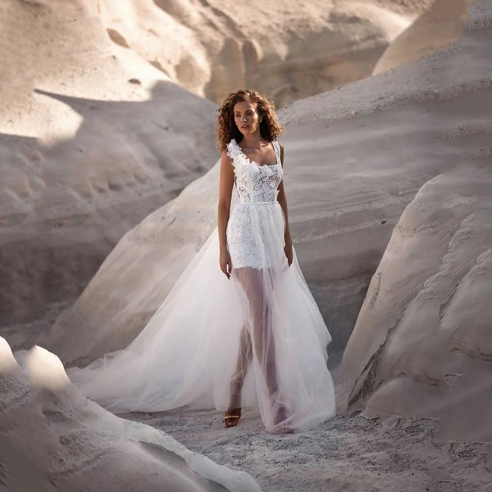 Robe de mariée fourreau de plage, col carré, en dentelle, courte, avec jupe, dos nu, Mini robe de mariée bohème, 2024