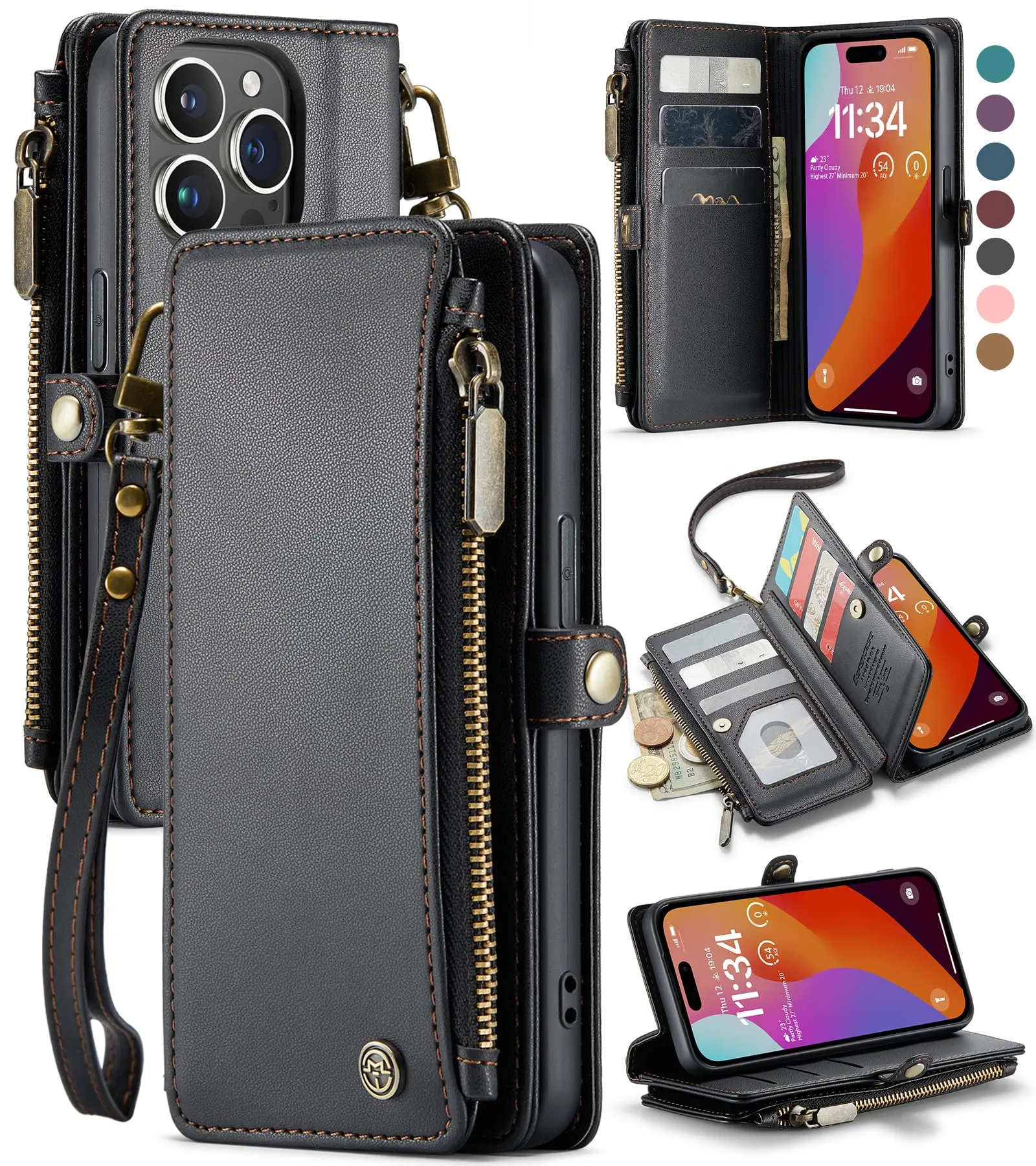 Modische Handyhülle für iPhone 15 Pro Max, Brieftaschen-Hülle für Damen und Herren, mit Kartenhalter, Reißverschluss, PU-Leder, schützende Handyhülle