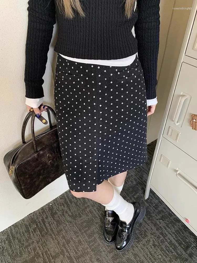 Юбки Korejepo, черная юбка в горошек в стиле ретро, женская 2024, шерстяная контрастная юбка с высокой талией, прямая юбка для похудения, низ средней длины