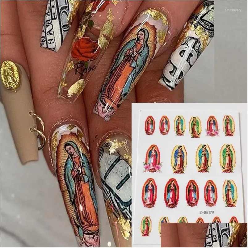 Stickers Decals Nagelstickers 1Pc 3D Virgencita Sticker Druk op aangepaste nagels Acryllijm Transfer Decals Art Diy Design Decora Dh8Hb