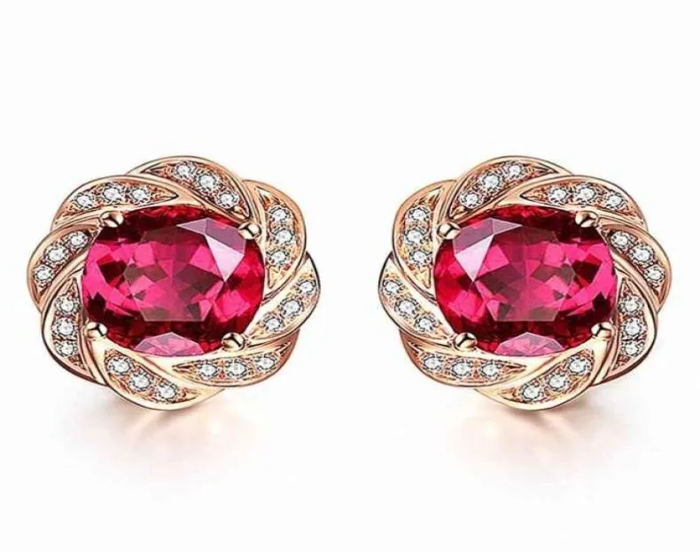14k rose gold color flower red crystal ruby gemstones diamonds stud earrings for women classical jewelry brincos fashion bijoux 211422463
