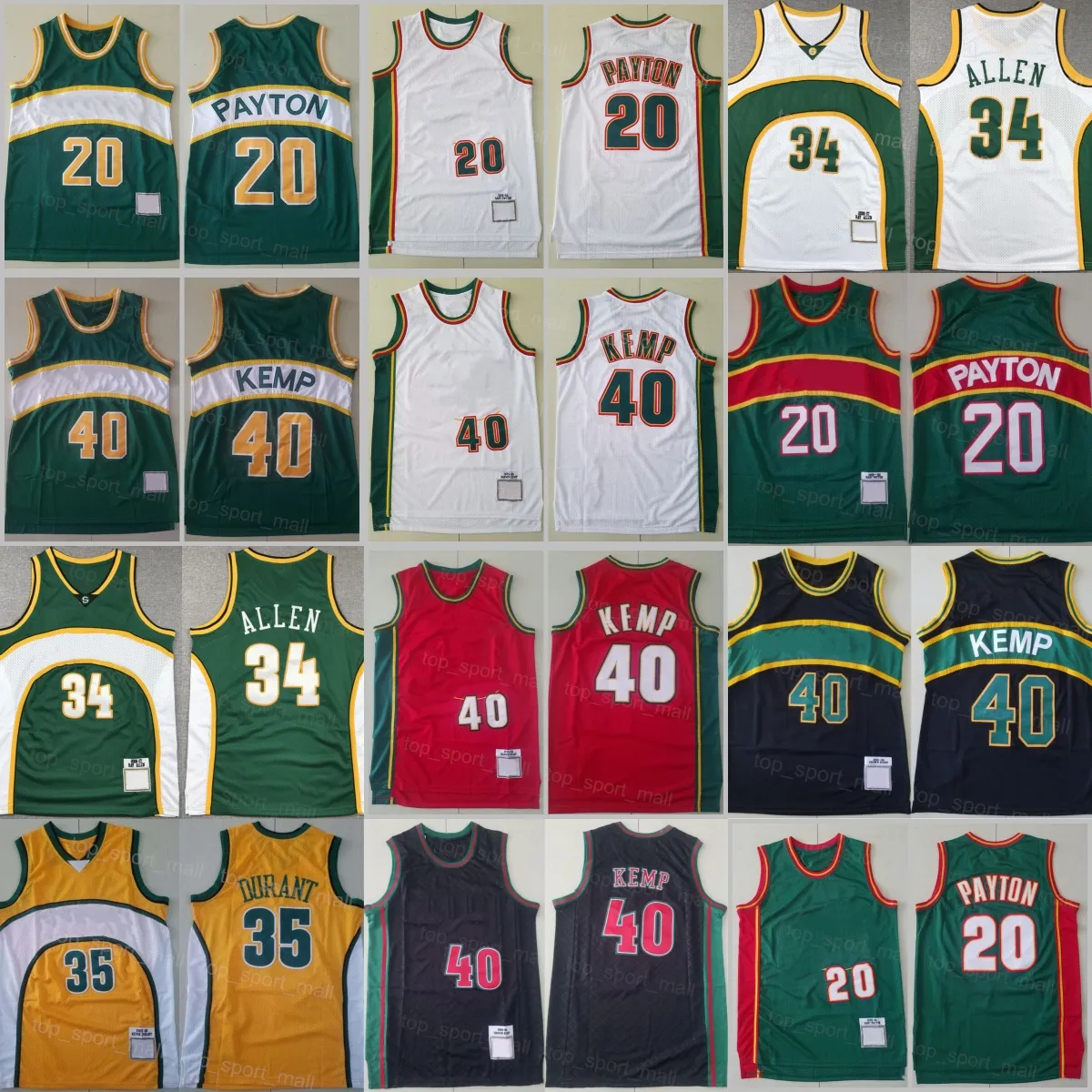 Mans Throwback Basketball Gary Payton Jersey 20 Kevin Durant 35 Shawn Kemp 40 Ray Allen 34 Team Vintage Bra kvalitet för sportfans Skjortor Män enhetlig röd vit grön