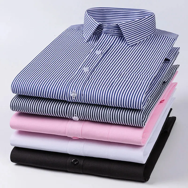 S~8XL Plus Size Mens Formal Shirt Long Sleeve Solid Color Stripe Anti-wrinkle Non-ironing Fashion Business Office Men Wear 240307
