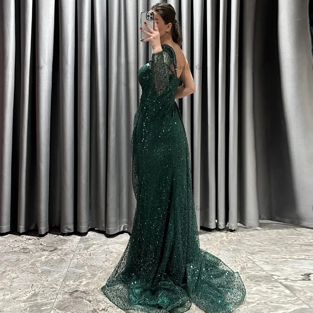 emerald green prom dress one shoulder Dark Green Off-the-Shoulder Pleated Long Prom Dress-Bridelily