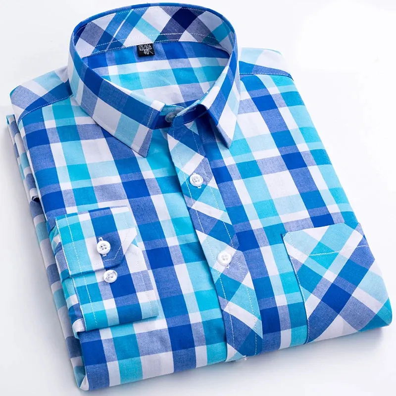 플러스 사이즈 S-8XL 남성 격자 무늬 셔츠 긴 소매 100%면 캐주얼 슬림 단추 비즈니스 소셜 드레스 셔츠 블라우스 남자 의류 240307