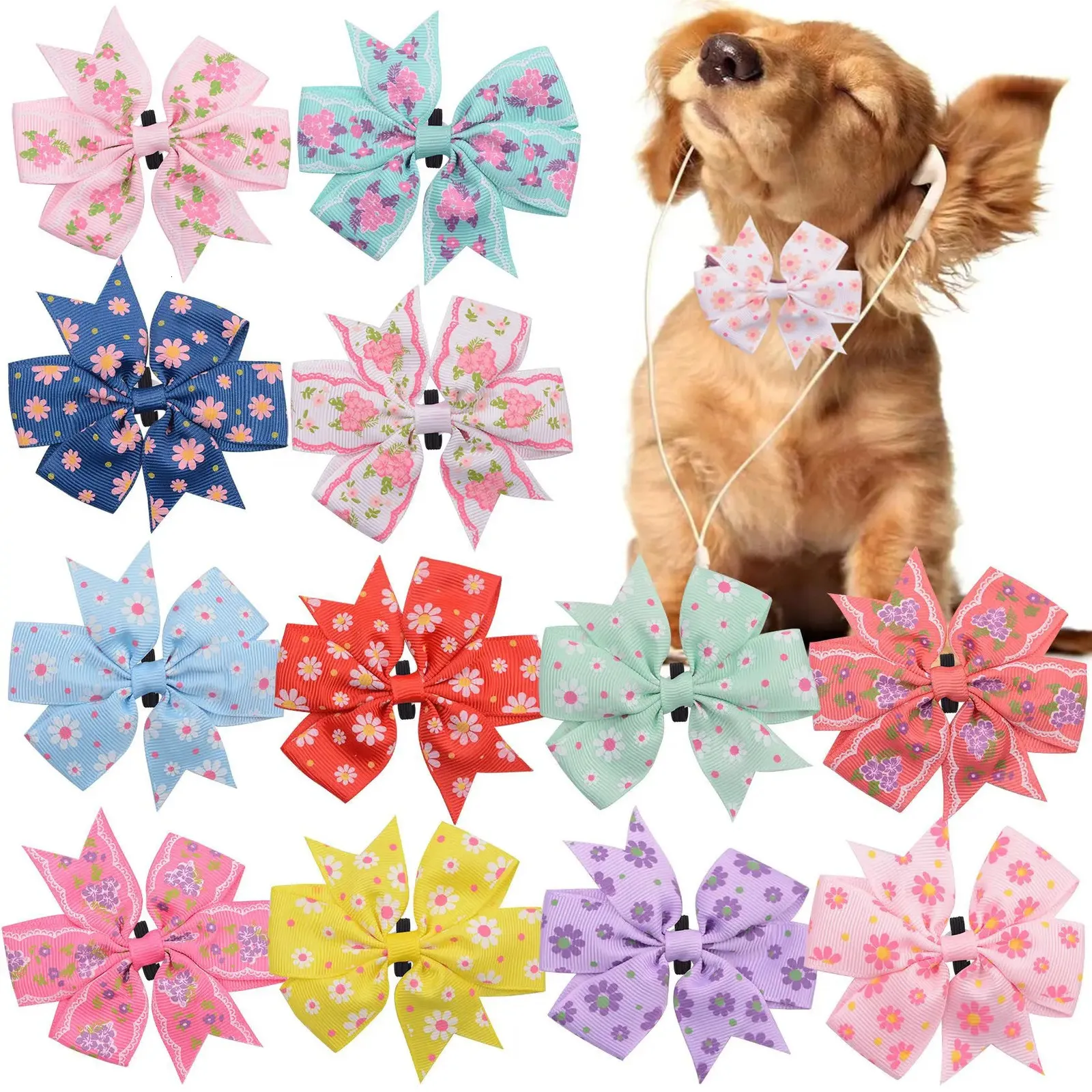 50100PCS FlowerCollar Spring Dog Supplies Slidable Bow Tie Pet Pet Collar Charms製品犬用ボウィット240220