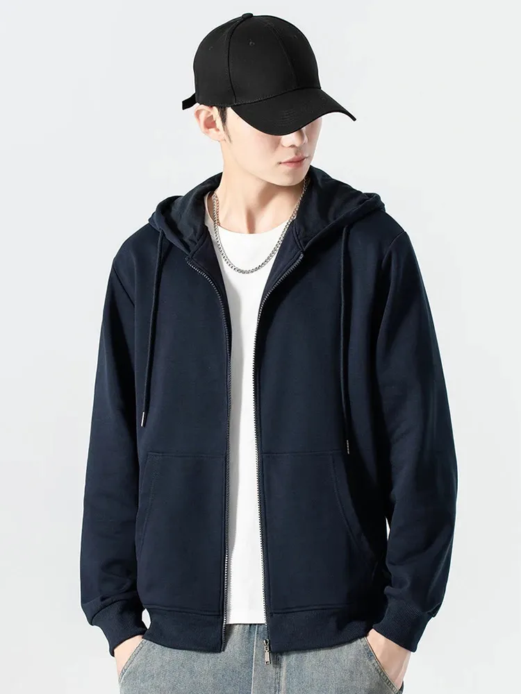 Primavera outono zip up hoodies homens moda coreana 280g algodão manga longa casual cardigan com capuz cor sólida moletom básico masculino 240226