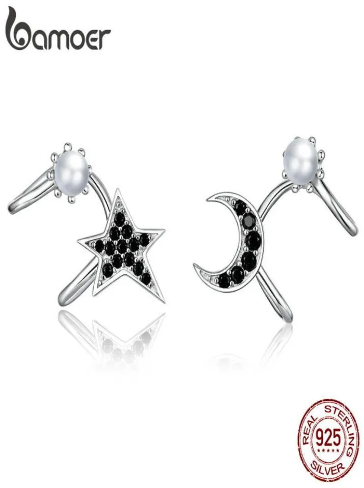 925 Sterling Zilver Zwarte Steen Maan Ster Oor Clips voor Vrouwen en Mannen Punk Mode-sieraden Bijoux Pendientes BSE387 2105124502988