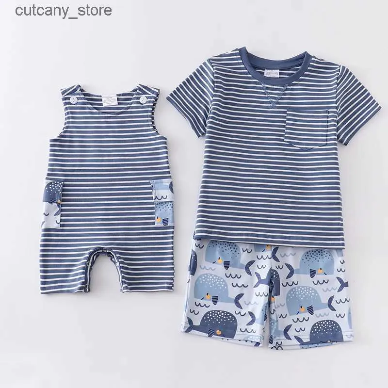 Jumpsuits Girlymax Spring Summer Baby Boys Plaid Stripe Boutique Clothes Romper Cotton Shorts Set syskon L240307