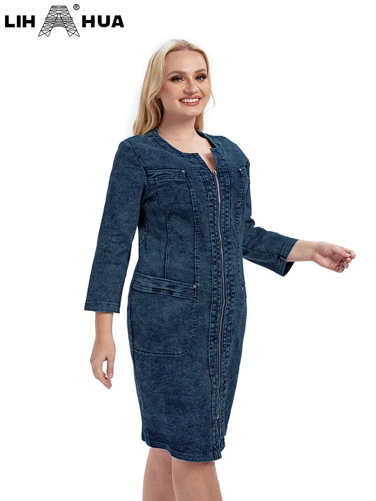 Robes LIH HUA femmes grande taille robe en jean haute élasticité automne coton tissé décontracté robe de mode