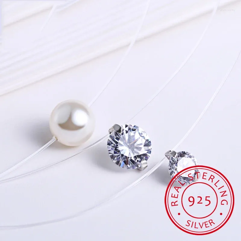 Hängen 925 Sterling Silver Zirconia Crystal Pearl Pendant Choker Halsband Transparent fiskelinje 2024 Fina smycken för kvinnor