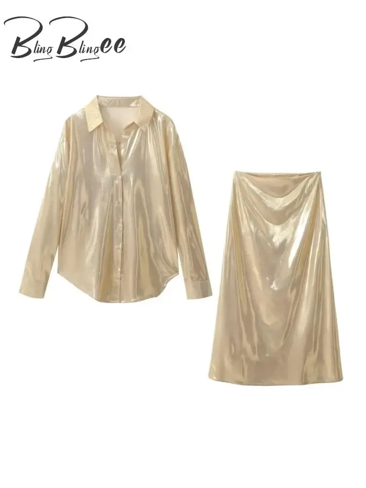 Kostymer blingblingee guld glänsande metalliska kvinnor blus maxi kjol kostymer traf 2024 vår V hals långärmad skjorta kvinnliga toppuppsättningar y2k