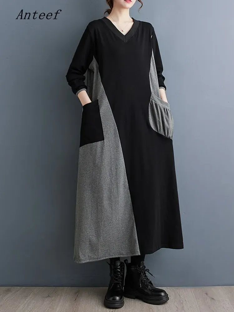Vestido llong manga oversized algodão vintage novo em vestidos para mulheres casual solto primavera outono inverno vestido roupas elegantes 2023