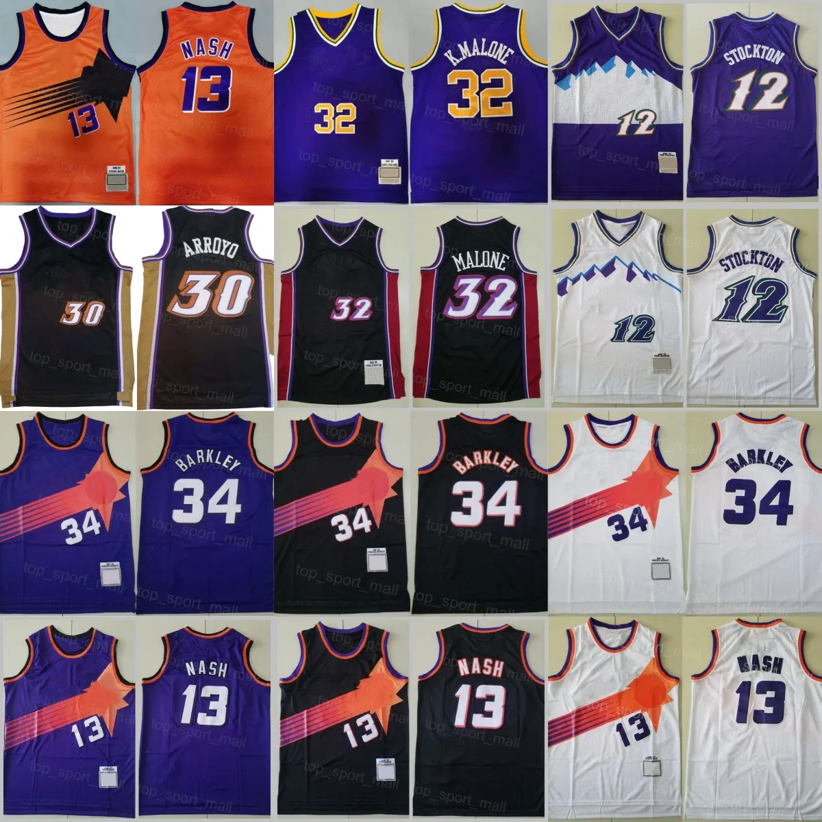 남자 팀 빈티지 농구 John Stockton Jersey 12 Karl Malone 32 Steve Nash 13 Charles Barkley 34 레트로 셔츠 유니폼 착용 보라색 검은 흰색 오렌지 스티치