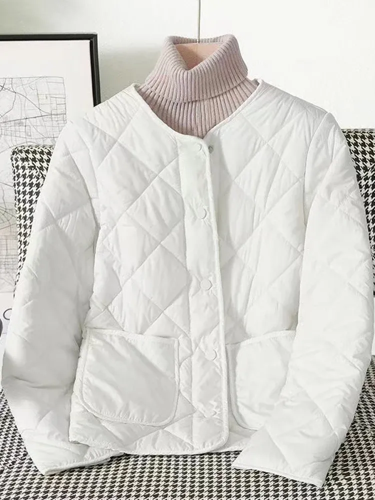 Parkas inverno sólido rhombic treliça acolchoado jaquetas feminino gola singlebreasted bolsos casaco de algodão quente senhora do escritório outerwear