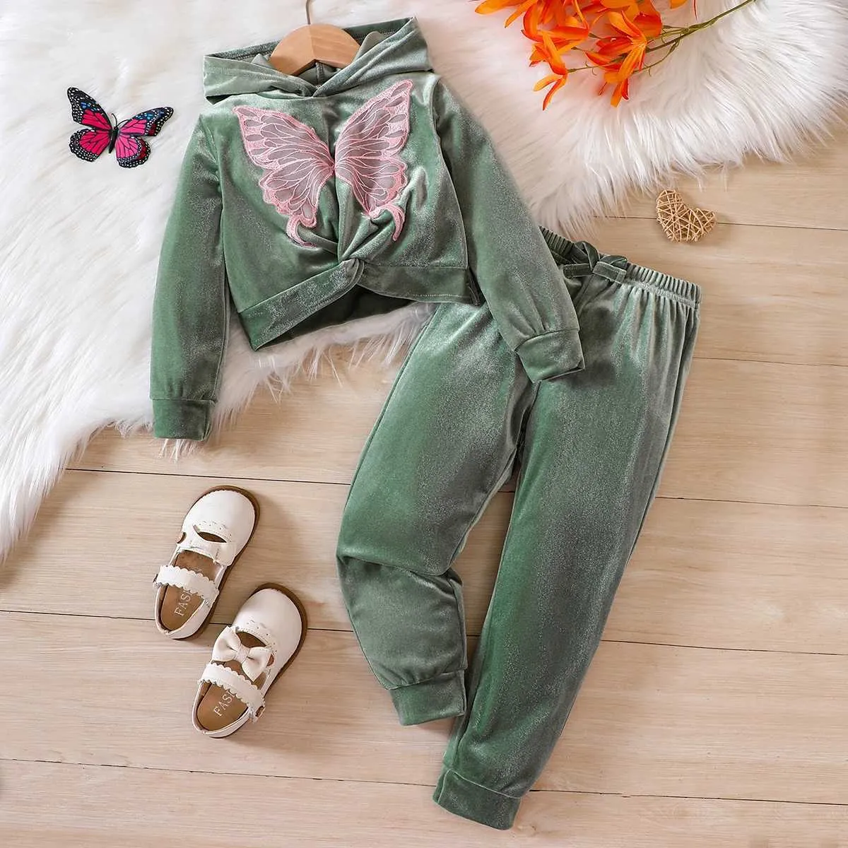 Clothing Sets Girls Suit Top Long Sleeved Hooded Butterfly Sweater Solid Color Belt Waistband Long Pants Trendy Home SetL2401L2402