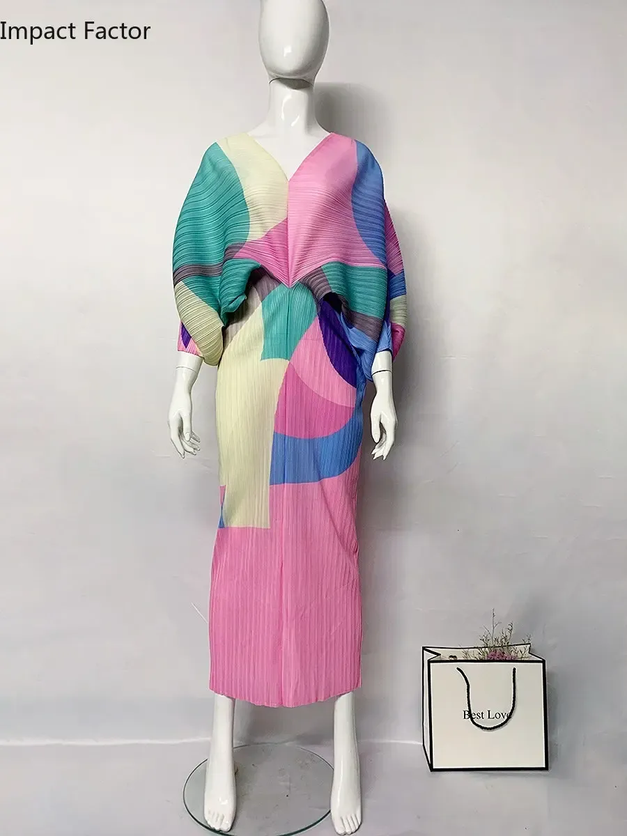 Miyake – robe plissée à manches chauve-souris, bloc de couleurs, col en v, mi-mollet, ample, robes de soirée, vêtements élégants pour femmes, nouvelle collection été 2024